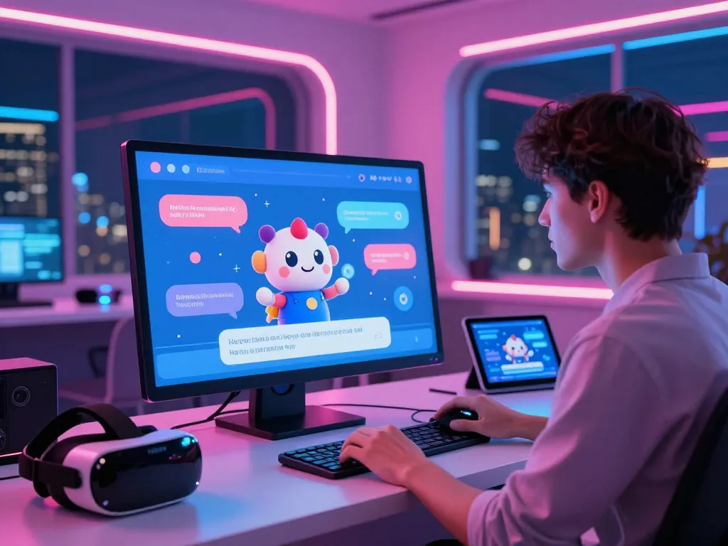 Interactive nsfw ai chatbot interface with neon glow, showcasing user engagement and playful character interaction.