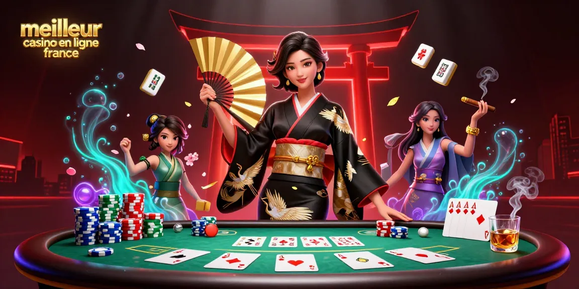 Vivez l'excitation au meilleur casino en ligne en France avec une élégante femme asiatique dans une scène de poker vibrante.