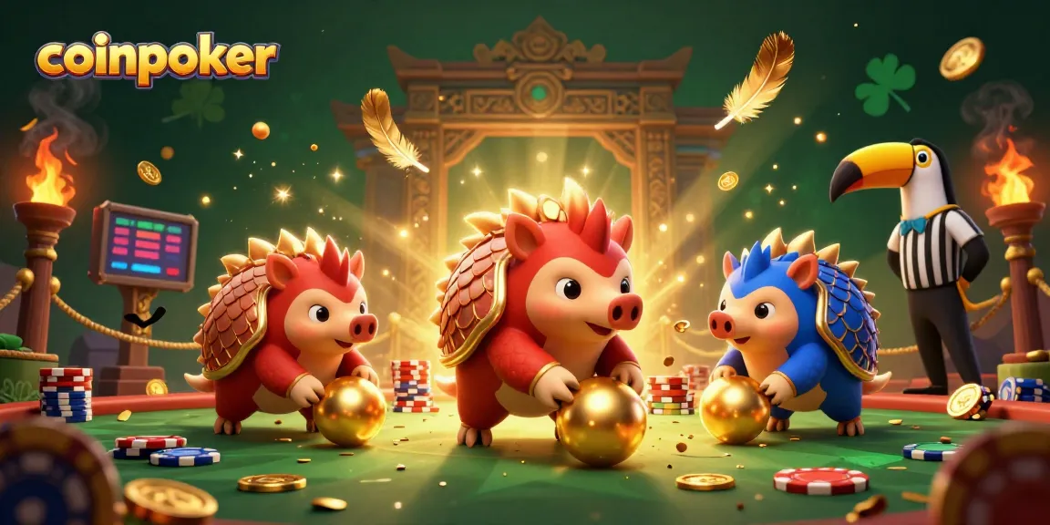 CoinPoker : rivaliser avec des pangolins en compétition avec des jetons de poker, ambiance festive et moderne.