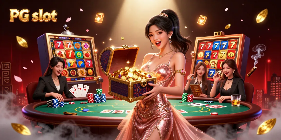 Engaging PG slot scene with a joyful woman showcasing treasures amid vibrant casino symbols.