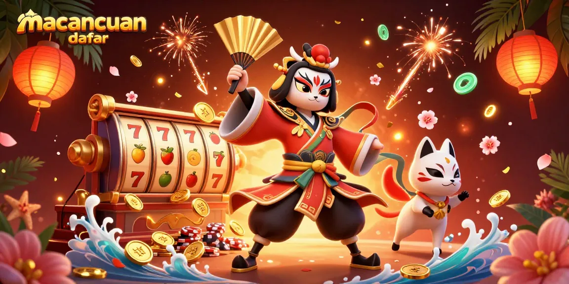 Permainan slot menarik "macancuan daftar" dengan karakter wanita kabuki dan efek gemerlap.