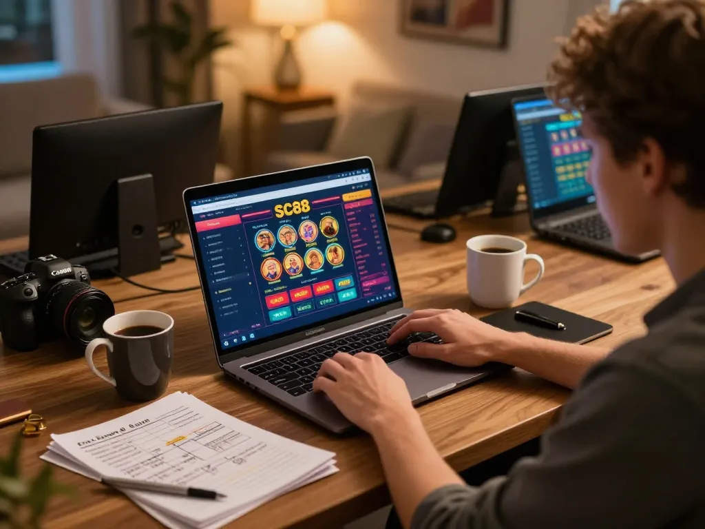Engaging in gameplay on the SC88 casino interface at home, showcasing a cozy online gambling setup.