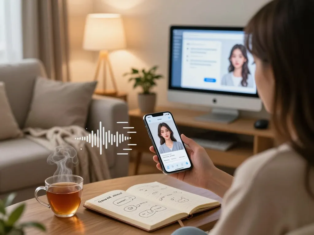 Engaging with an AI girlfriend app on a cozy sofa, showcasing a personal digital interaction.
