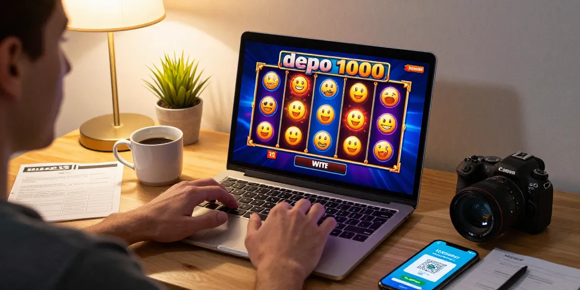 Engaging online casino scene with slot depo 1000 gameplay on laptop in cozy setting