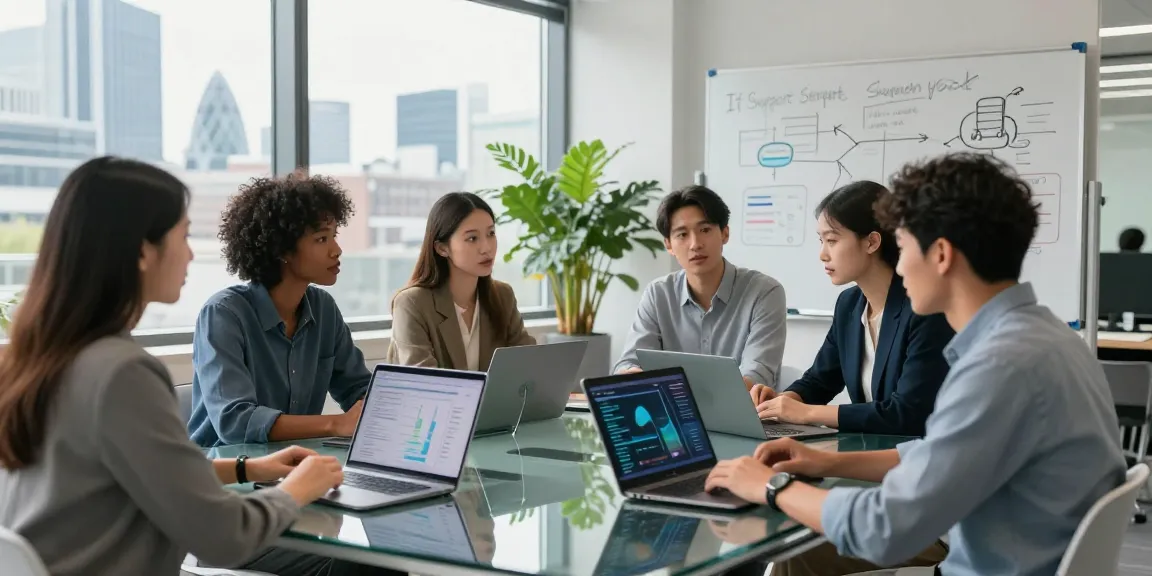 Team collaborating on london business it support strategies in a modern office.