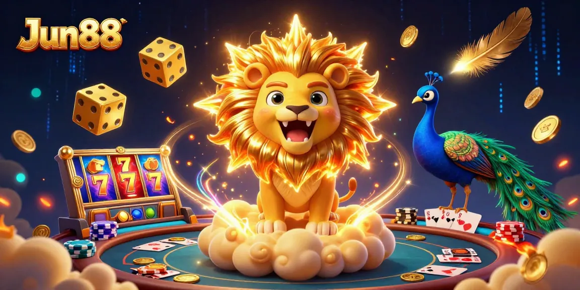 Experience thrilling moments at Jun88 with a dynamic 3D illustration showcasing vibrant casino elements.