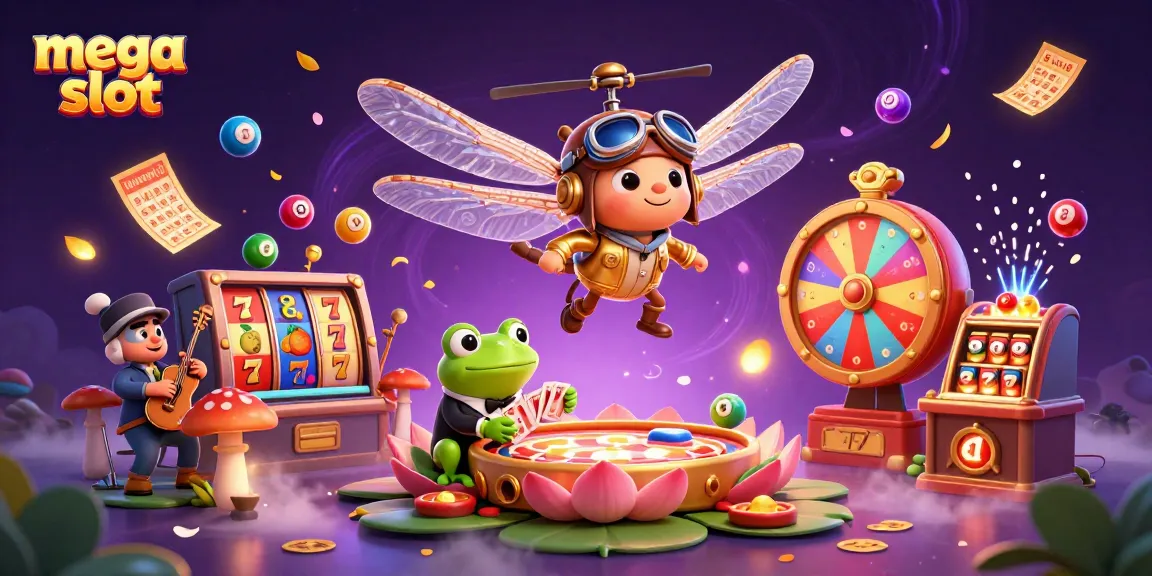 Permain mega slot di kasino, dengan simbol keberuntungan dan suasana penuh warna yang meriah.