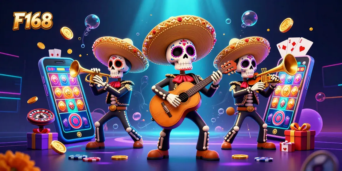 Experience the vibrant world of F168 with a lively Mariachi band amidst casino-themed elements.