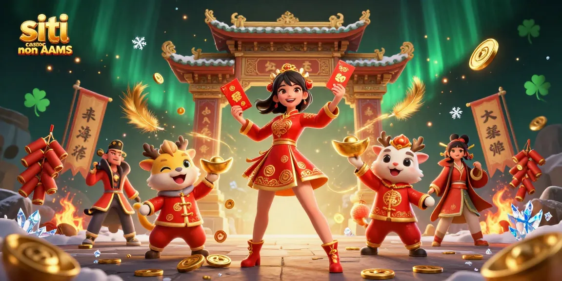 Vinci ai siti casino non AAMS con personaggi vibranti e elementi di gioco dinamici in una scena festosa 3D