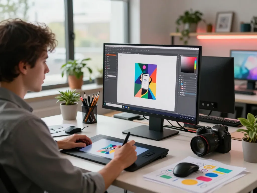 Creative workspace showcasing image to prompt software with a designer at work.