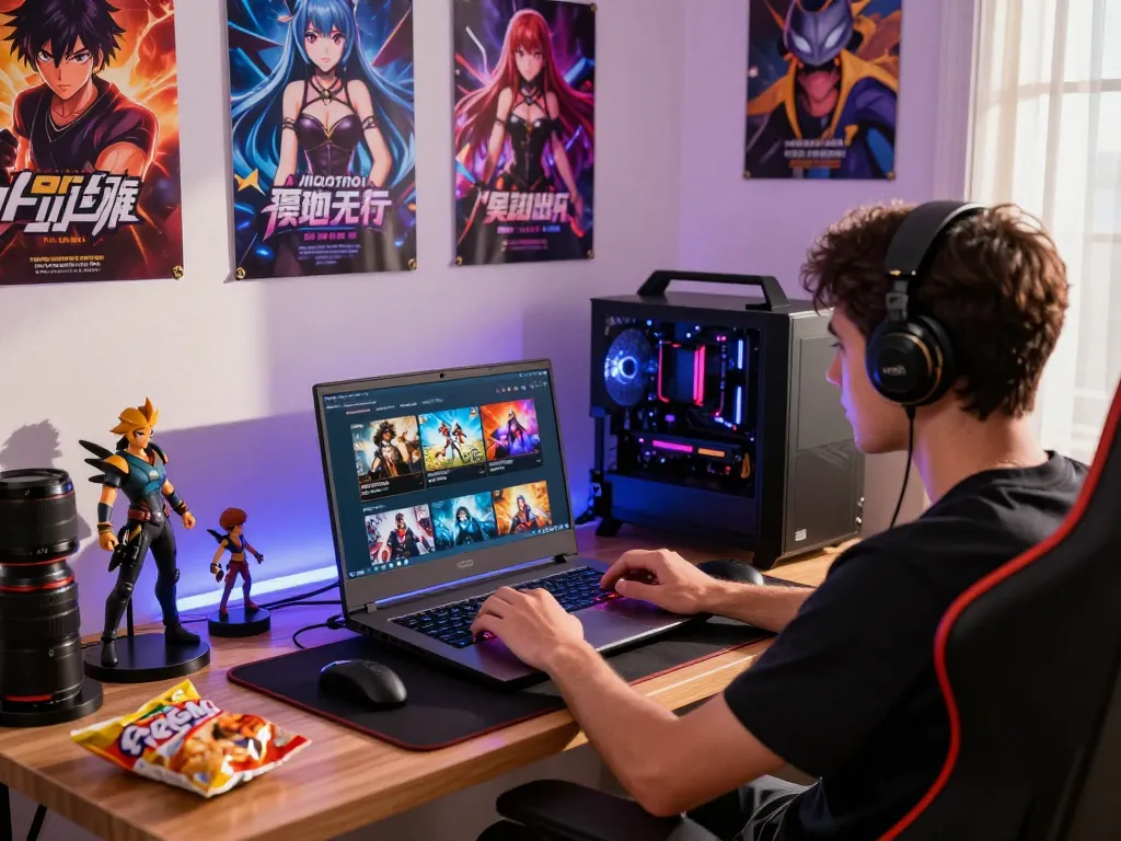 Engaging scene of a player immersed in porn games online, showcasing colorful gaming setup with vibrant posters and gaming gear.