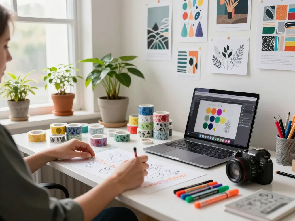 Creating custom washi tape designs with vibrant colors and sketches at a creative workspace.
