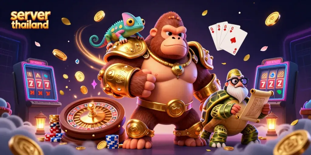 Experience thrilling casino action with server thailand in an epic 3D scene featuring vibrant characters and game elements.