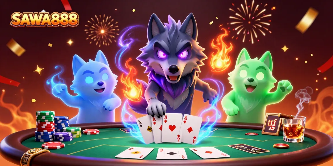 Experience thrilling gameplay with SAWA888 and spectral wolf characters in a vibrant casino scene.