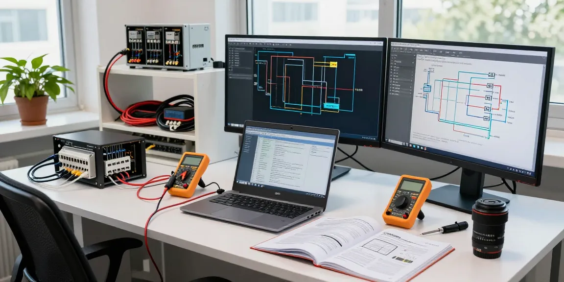 C19/C20 power connector engineering workspace with a laptop and diagnostic tools in a bright office.