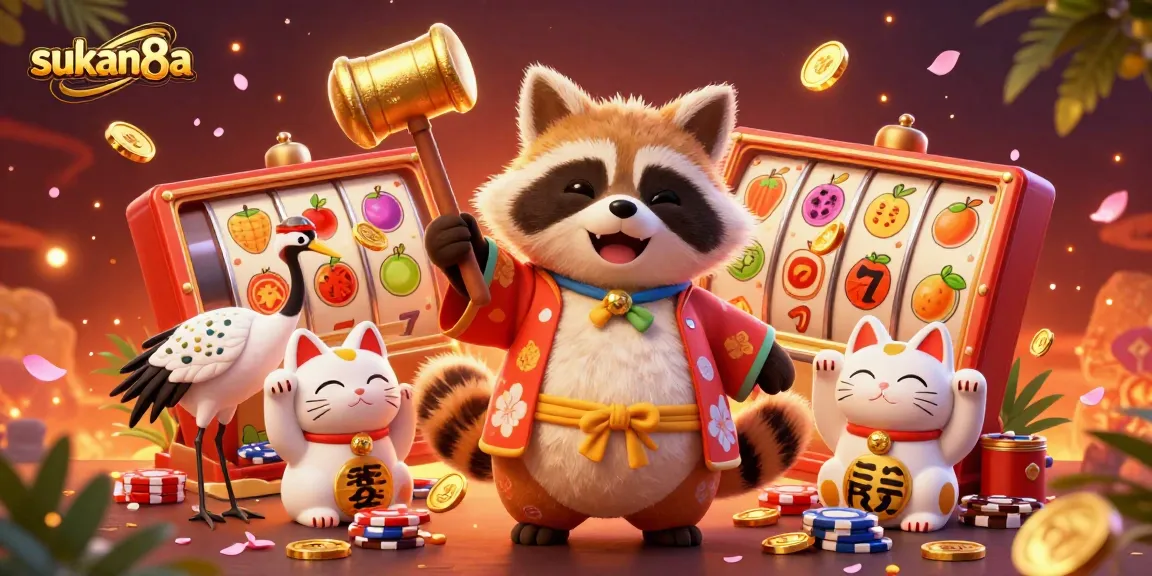 Sukan8a showcases a vibrant casino scene with a cheerful tanuki and lucky symbols, enhancing the gambling experience.
