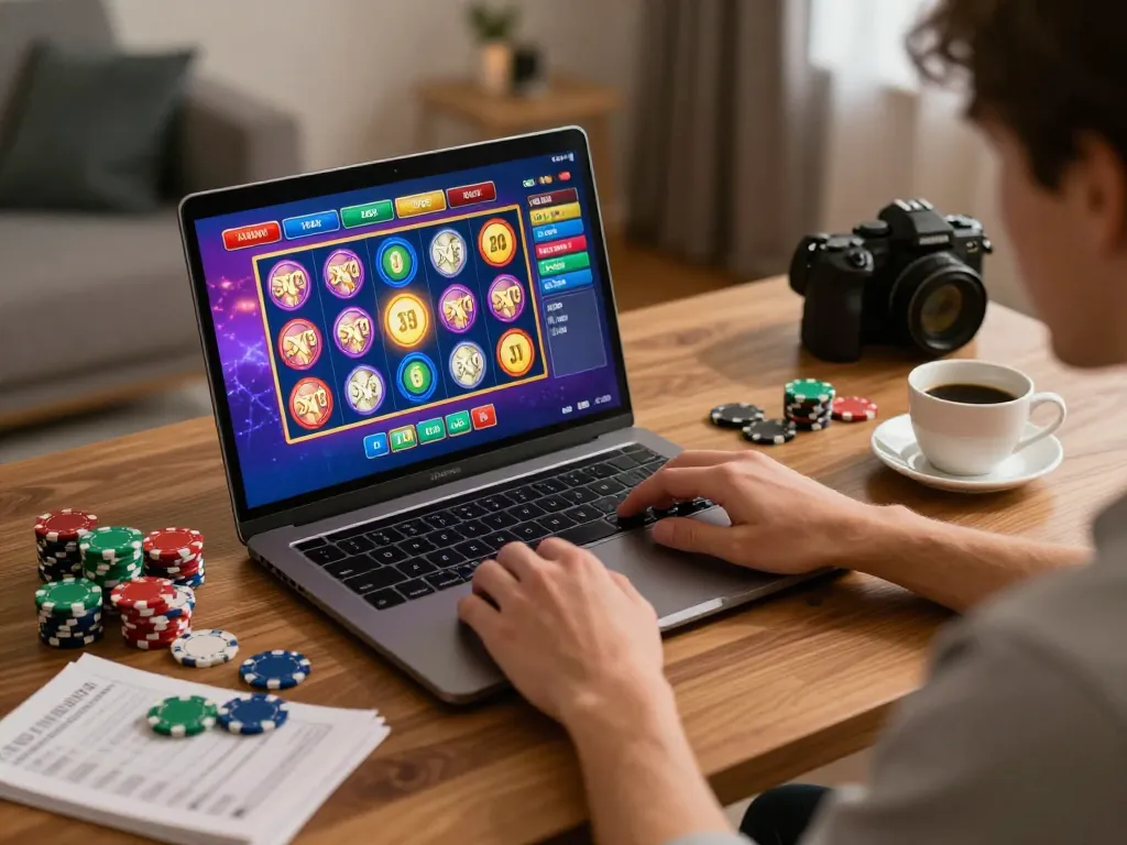 Migliori casino online europei: Engaging in online gaming on a laptop with vibrant slot game.
