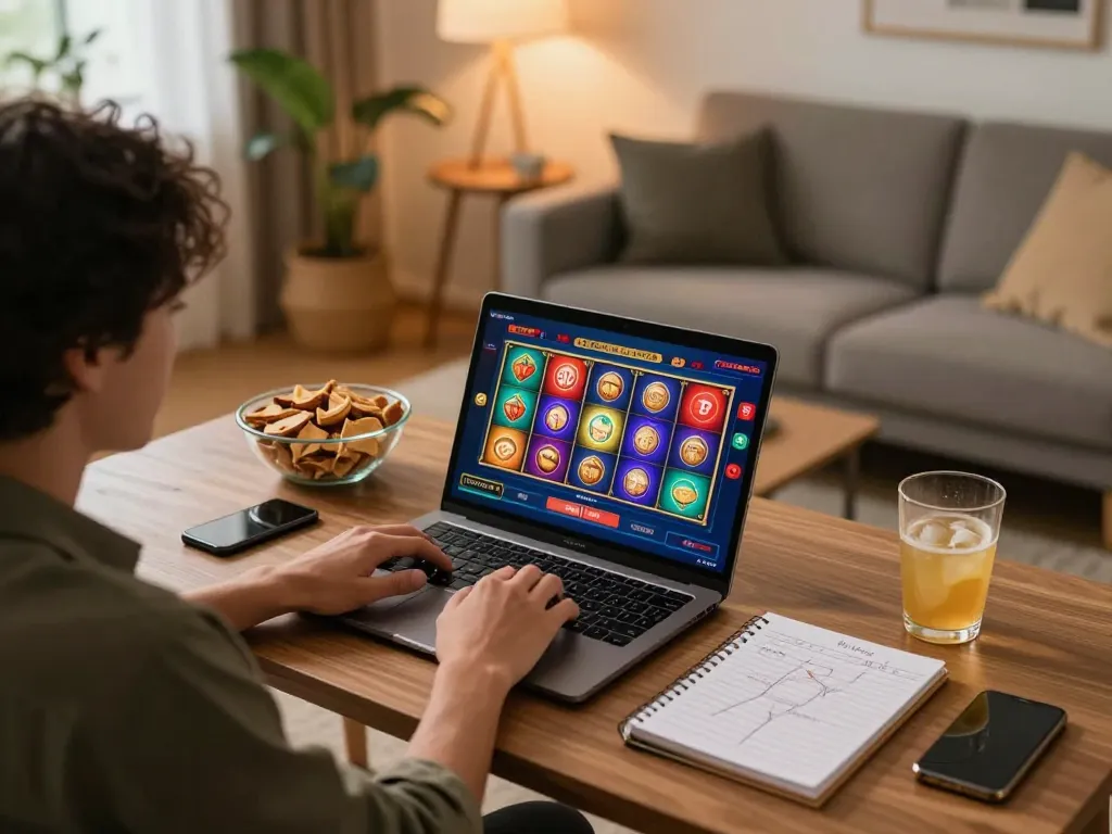 Engaging online casino scene with a player betting at home, showcasing casino online stranieri sicuri.