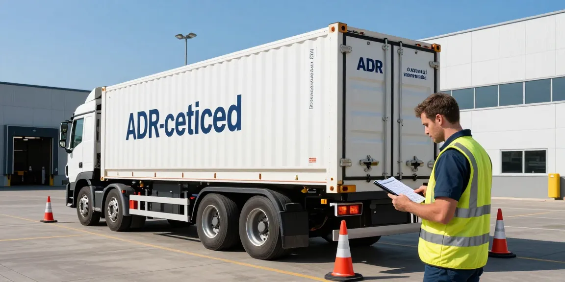Gefahrguttransport in Dortmund mit Lkw, Fahrer prüft Dokumente in Sicherheitsausrüstung.
