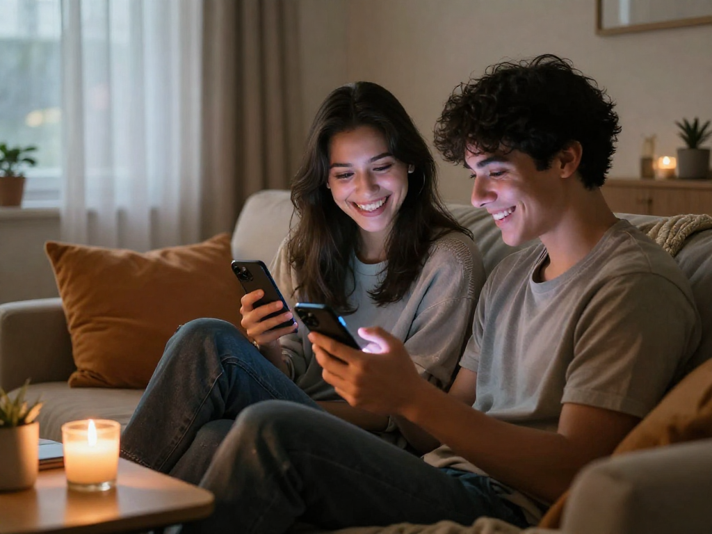 Engaging sexting AI conversation between two individuals in a cozy home setting.