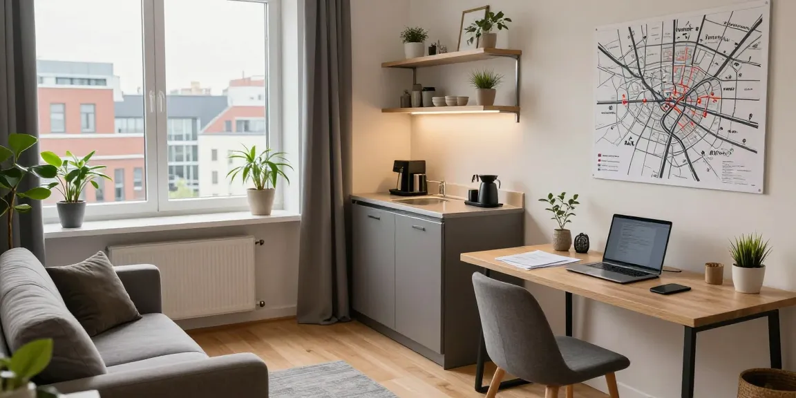 Monteurzimmer mieten Hannover: gemütliches Apartment für Geschäftsreisende in der Stadtmitte mit modernem Design und Arbeitsbereich.
