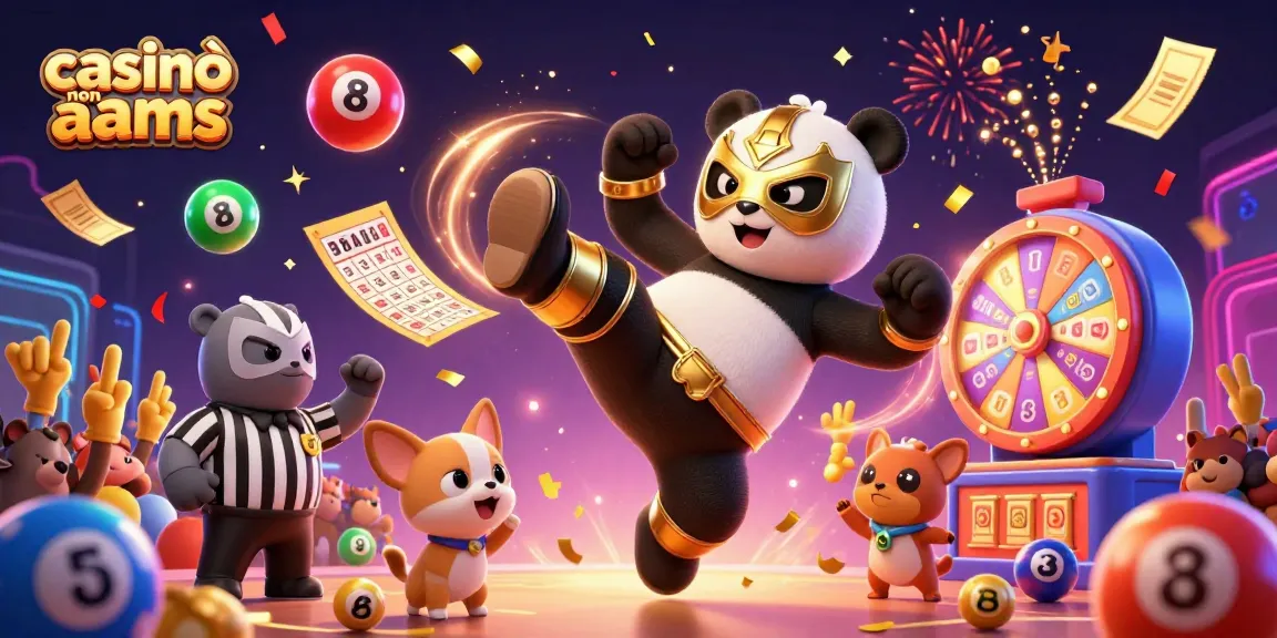 Illustrazione di un panda lottatore e di un chihuahua arbitro in un casinò.