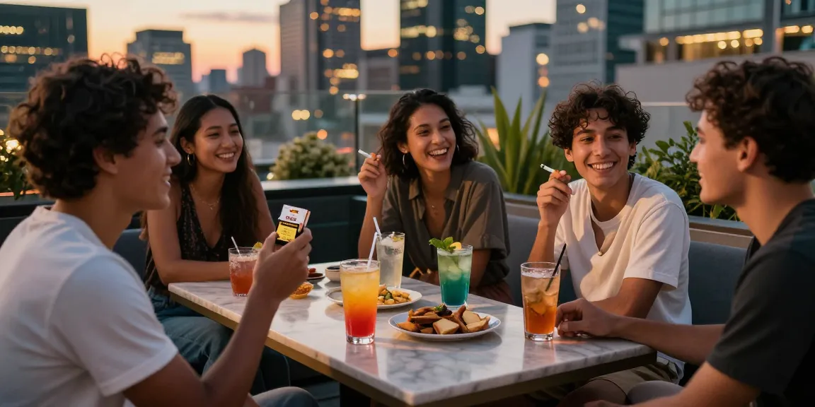 Friends sharing laughter with rokok88 cigarettes at a rooftop bar