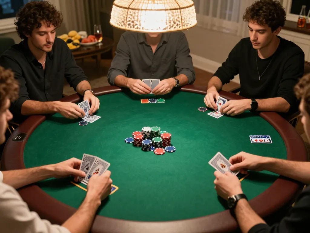 Friends playing poker at home with hidden wiki elements in the background, emphasizing social gaming.