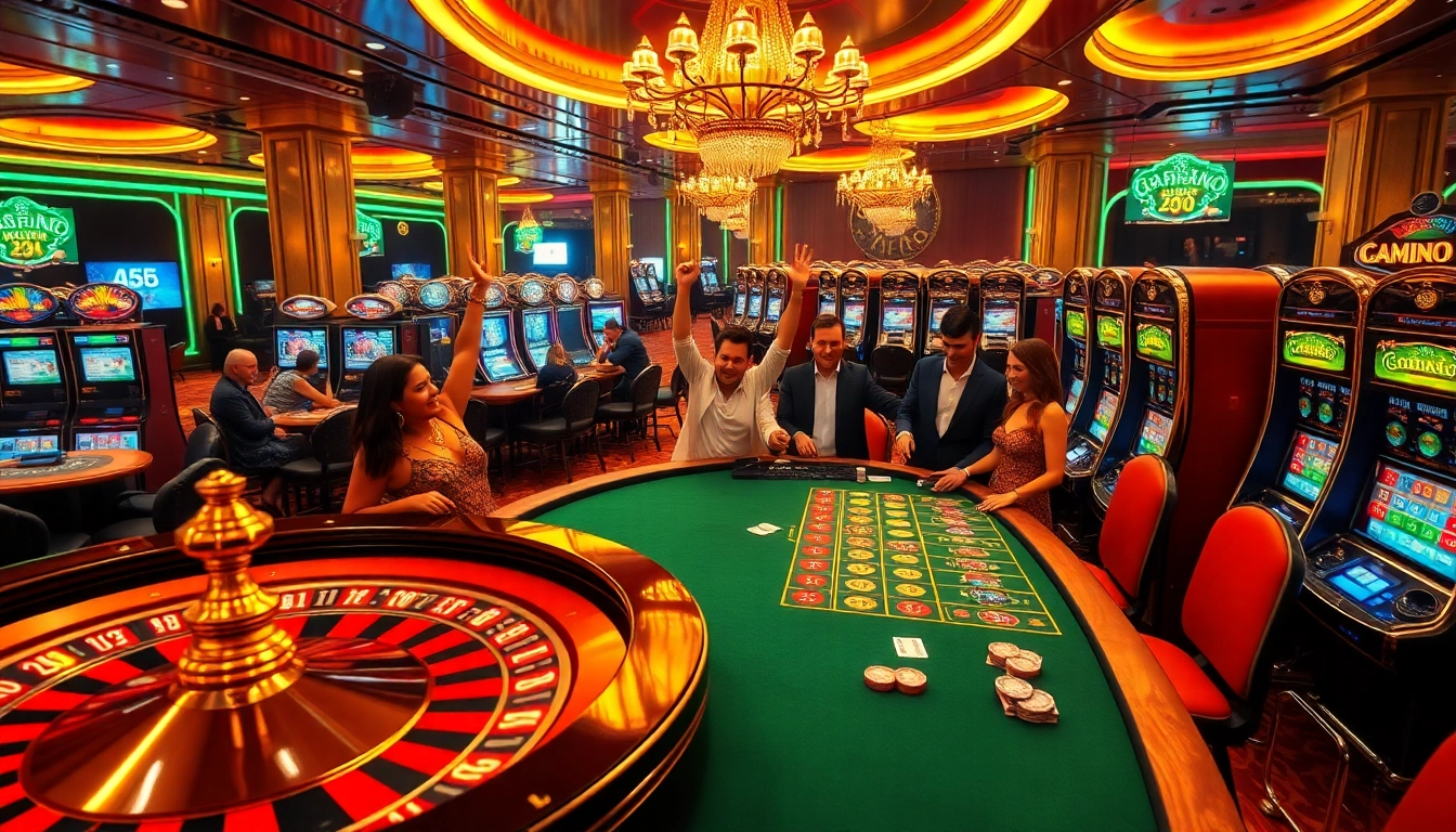 Exciting gaming experience with rebahin film theme at a luxurious casino setup, featuring roulette and poker.