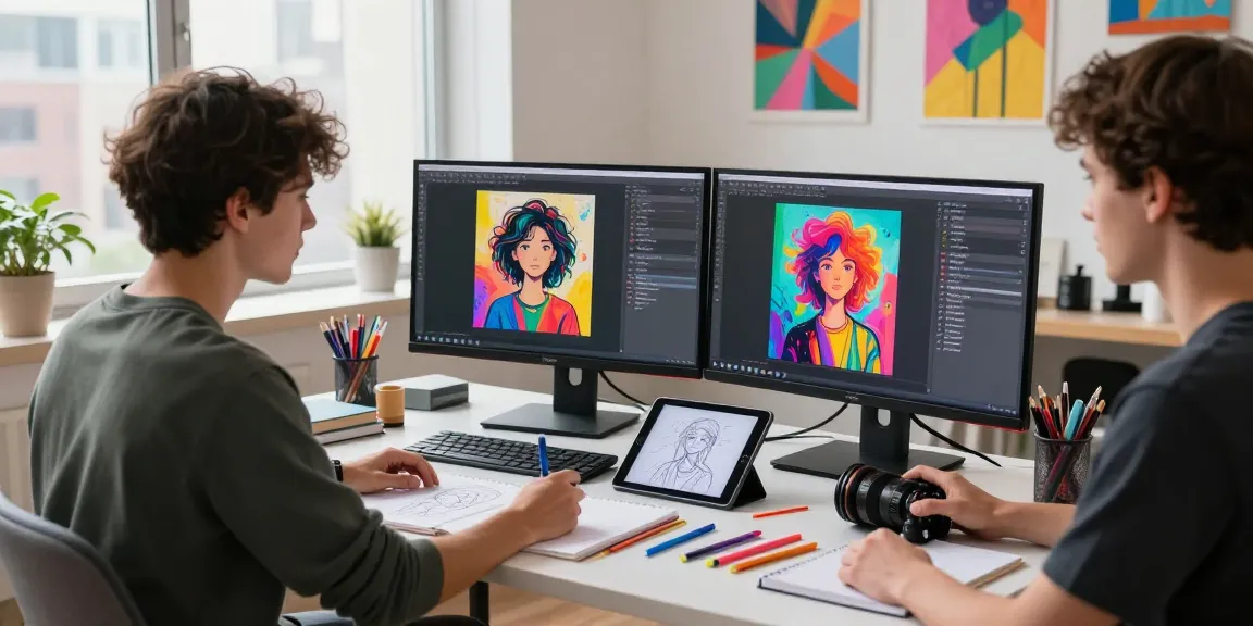 Creating ai prompt images in a dynamic artistic workspace with vibrant art and digital tools.