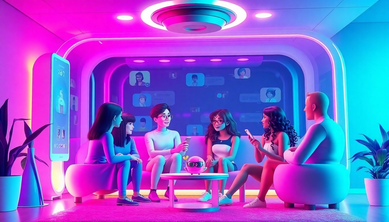 Interactive scene of diverse characters using the best nsfw ai chatbots in a cozy virtual chatroom.