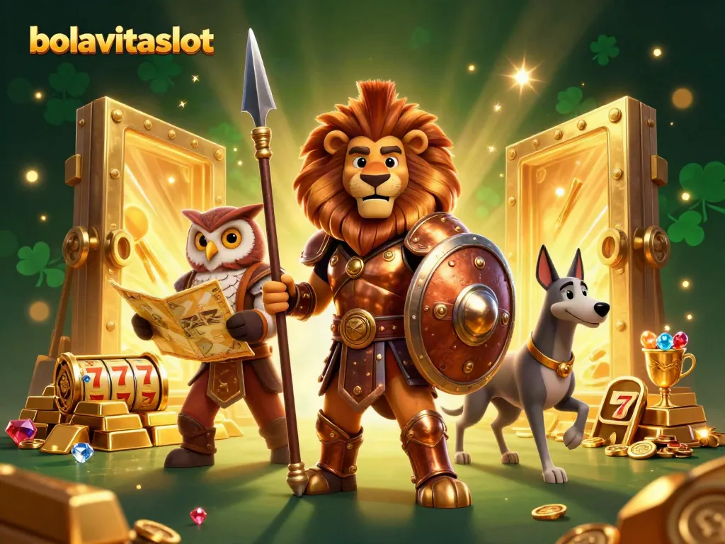 Experience bolavitaslot thrills with a Spartan lion, tactical owl, and swift greyhound surrounded by treasure and slot reels.