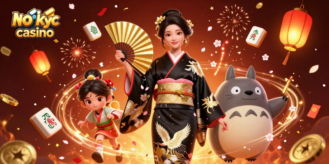 Vivi l'emozione di un casinò senza KYC con una vibrante scena 3D che presenta un'elegante donna asiatica e un saggio tanuki in mezzo a elementi celebrativi.