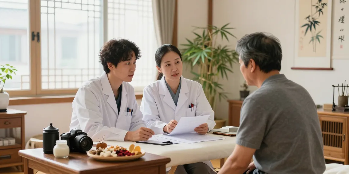수원교통사고한의원 practitioners discussing effective treatment methods in a soothing clinic.