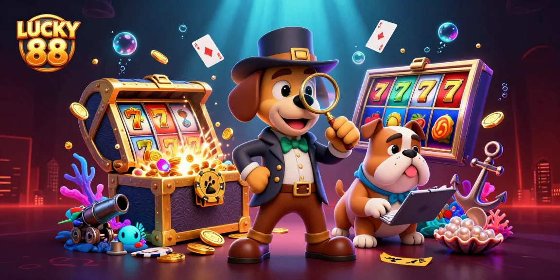 Explore the thrilling action of LUCKY 88 with vibrant slots, poker chips, and treasure!