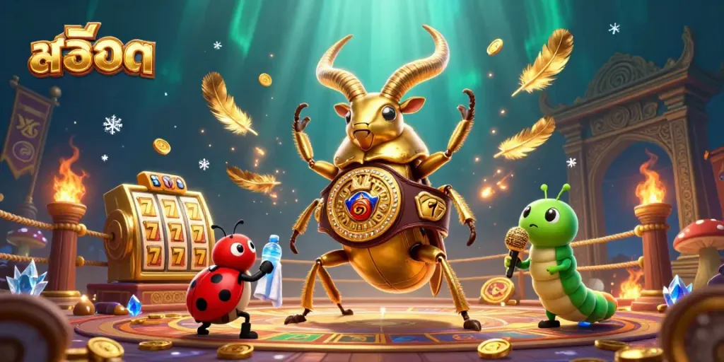 Engaging illustration showcasing a giant beetle champion with slot game elements, perfect for สล็อต enthusiasts.