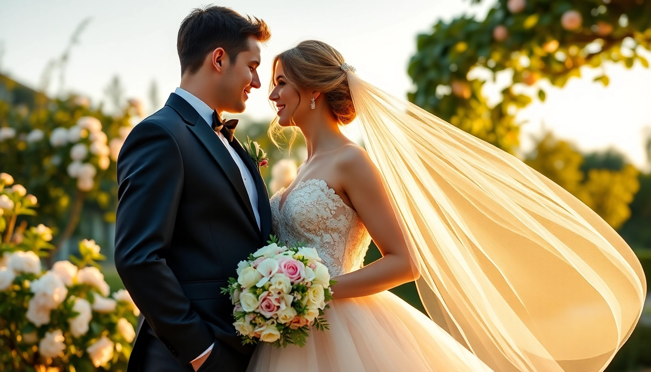Beautiful Wedding photography capturing a couple in a garden during golden hour.