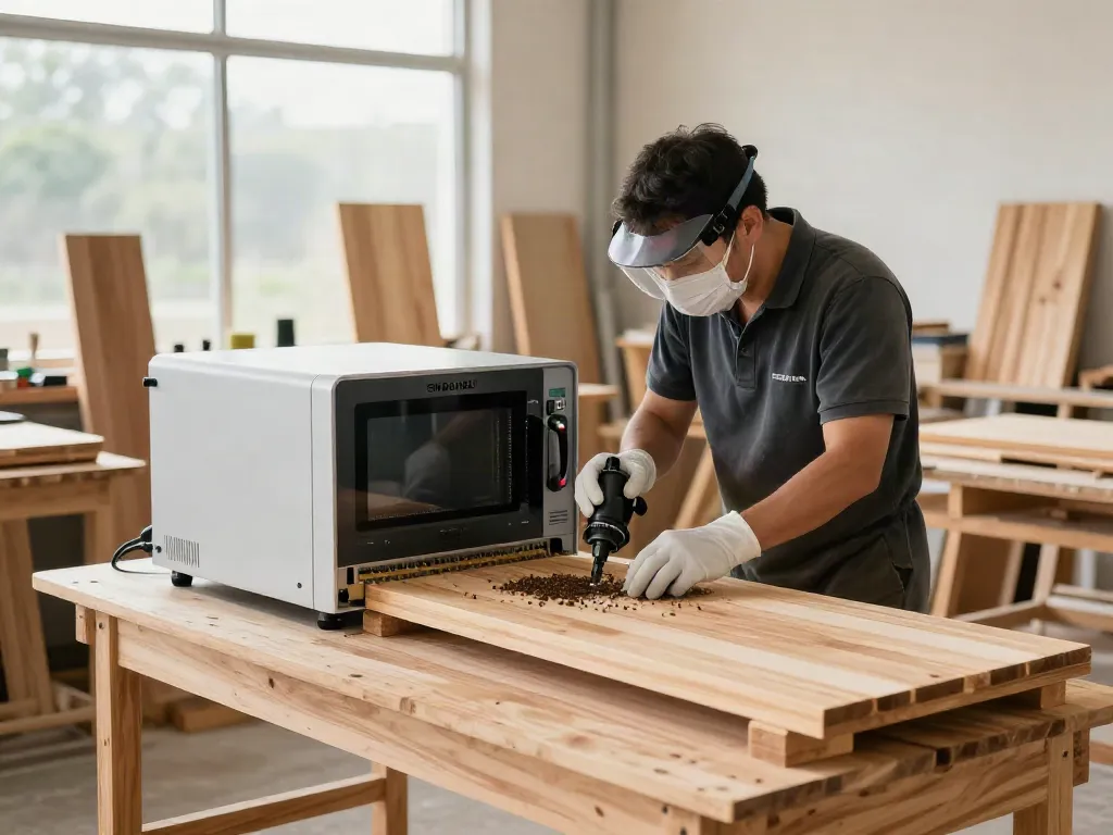 SHASHEL® microwave equipment treating wood for beetle elimination in a bright workshop.