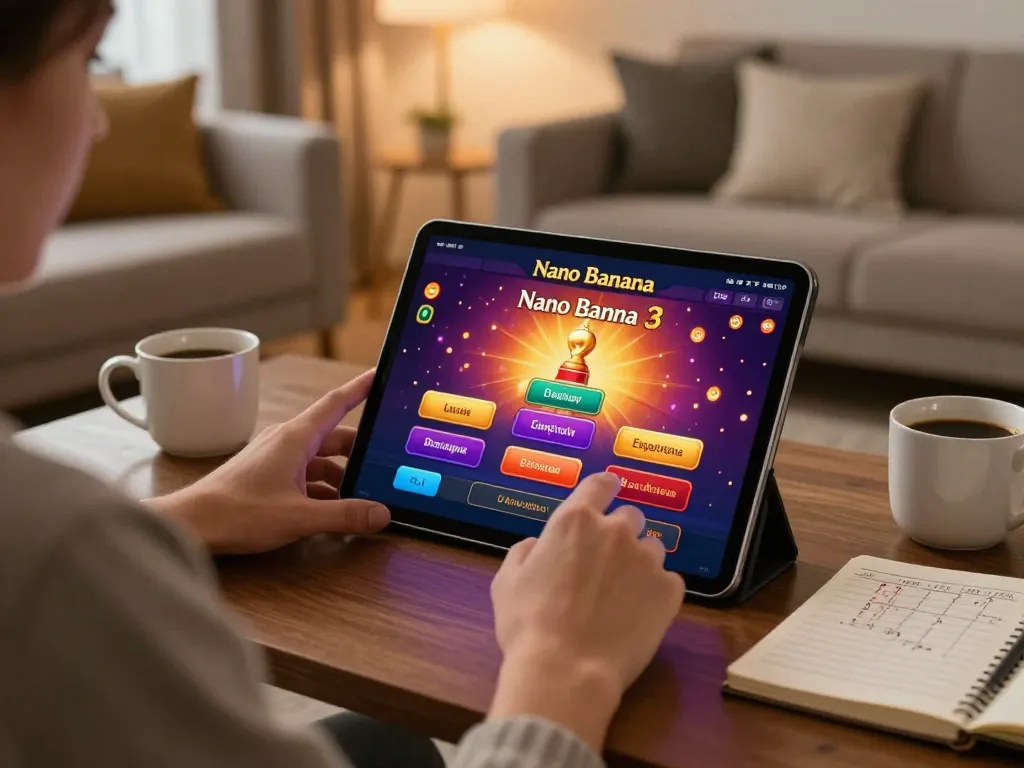 Engaging with nano banana 3 on a tablet in a cozy home setting while practicing responsible gambling.