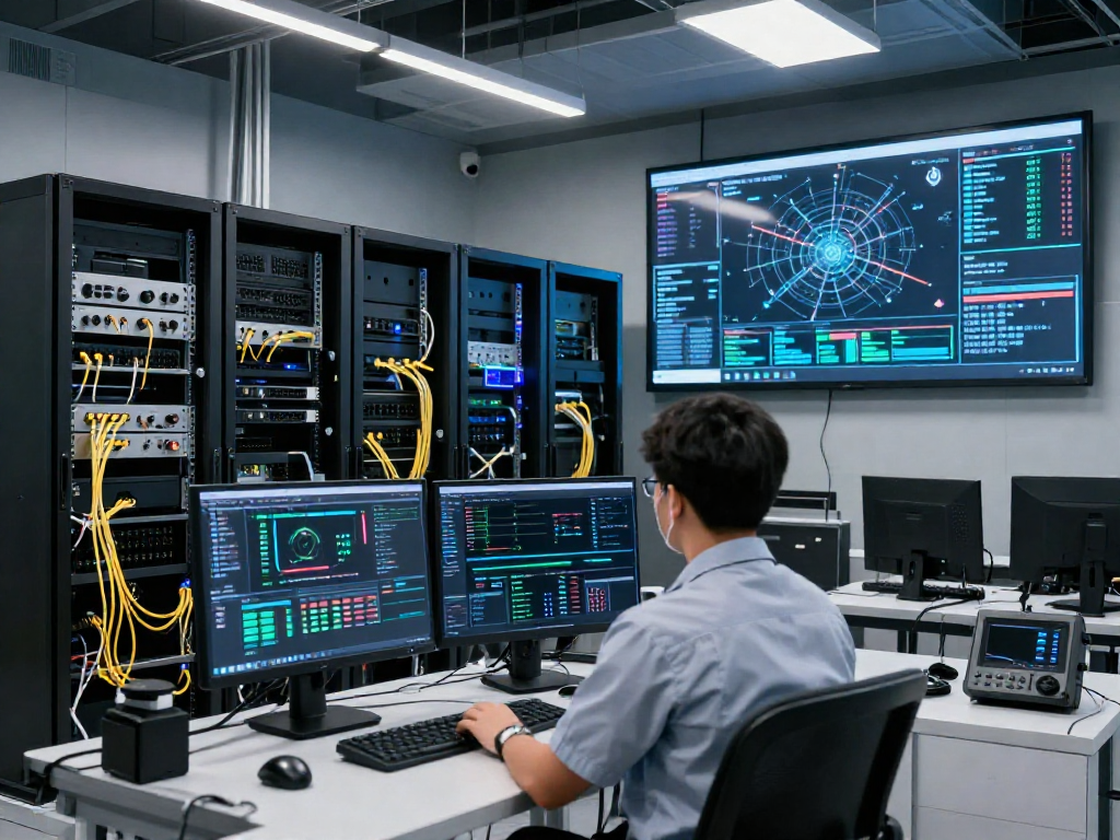 Advanced server infrastructure at https://88.rokok.uk with technicians monitoring performance metrics in a high-tech data center.