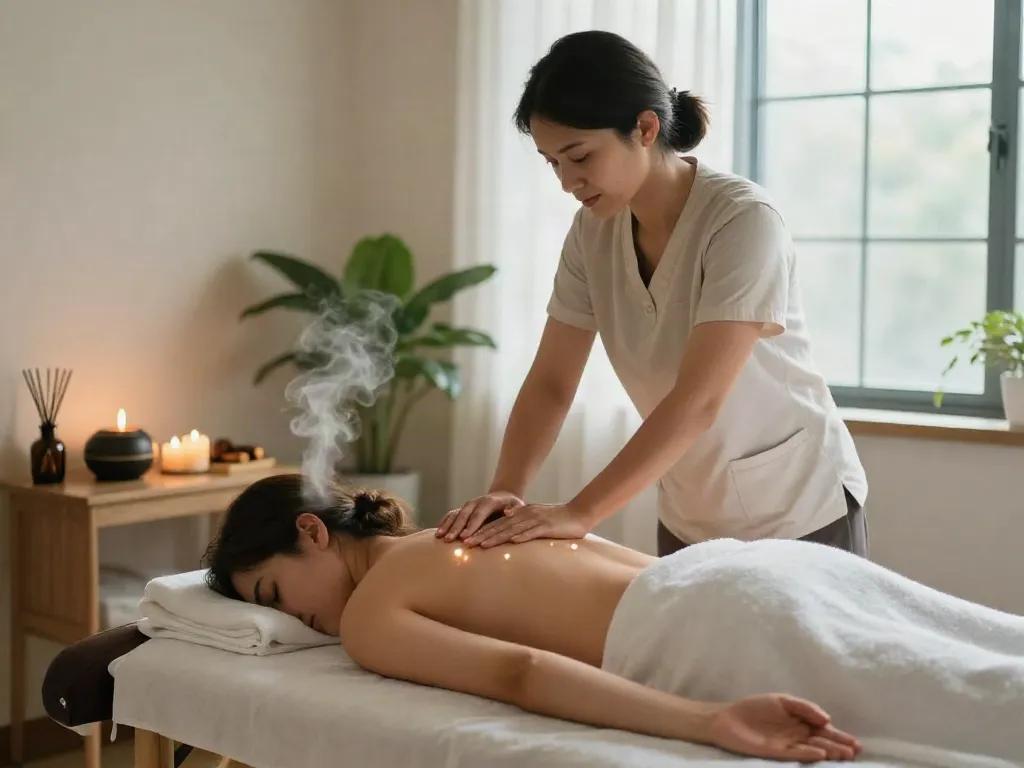 Therapist performing 용산출장마사지 in a peaceful therapy room with soft lighting.