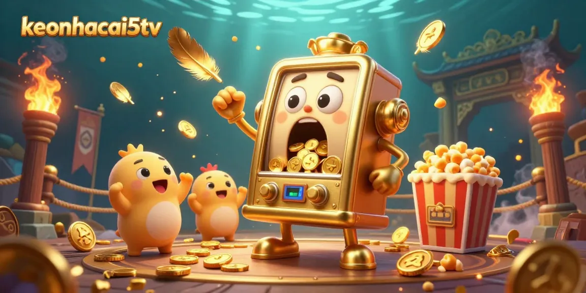 Join keonhacai5tv in this dynamic slot machine scene, where golden winnings pour amidst cheers.
