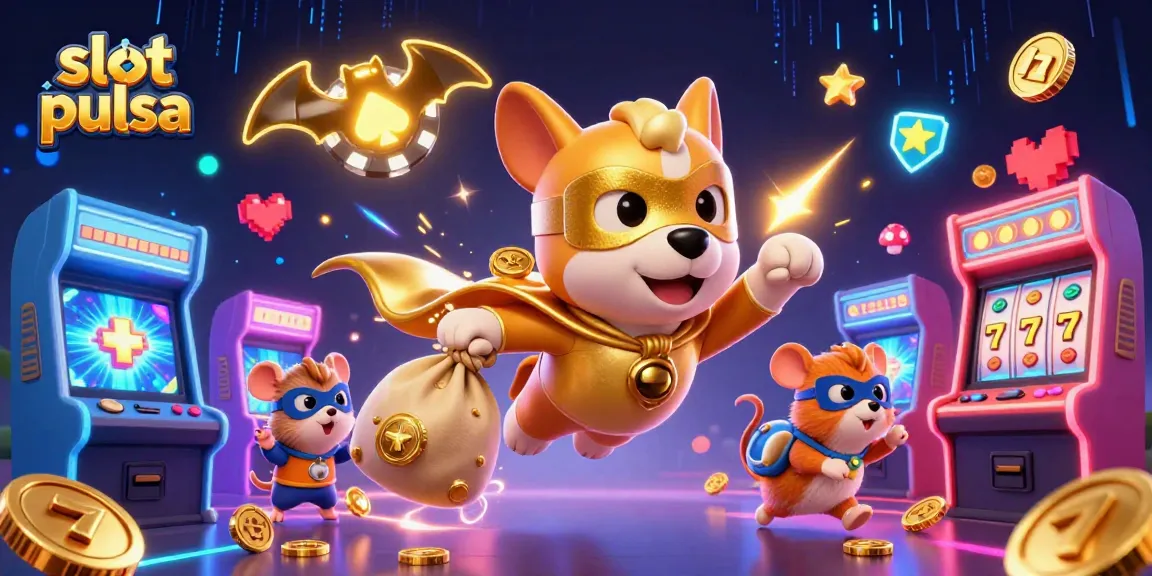 Menangkan permainan slot pulsa dengan ilustrasi kartun superhero yang terbang membawa koin emas dan mesin game 3D yang berwarna-warni.
