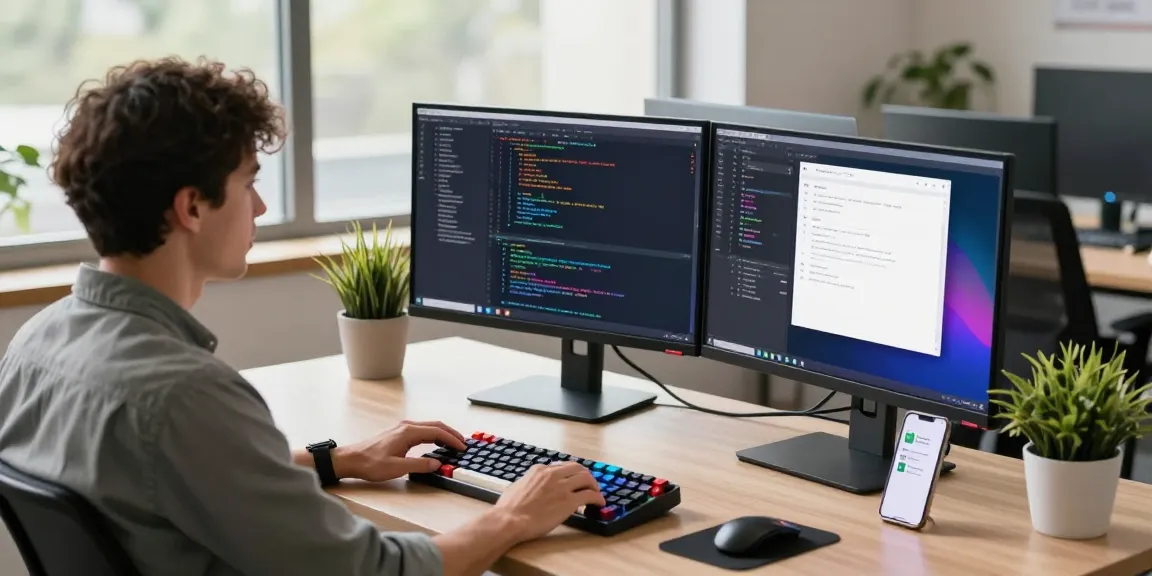 Developer using Telegram中文 app in a modern workspace, enhancing productivity and collaboration.
