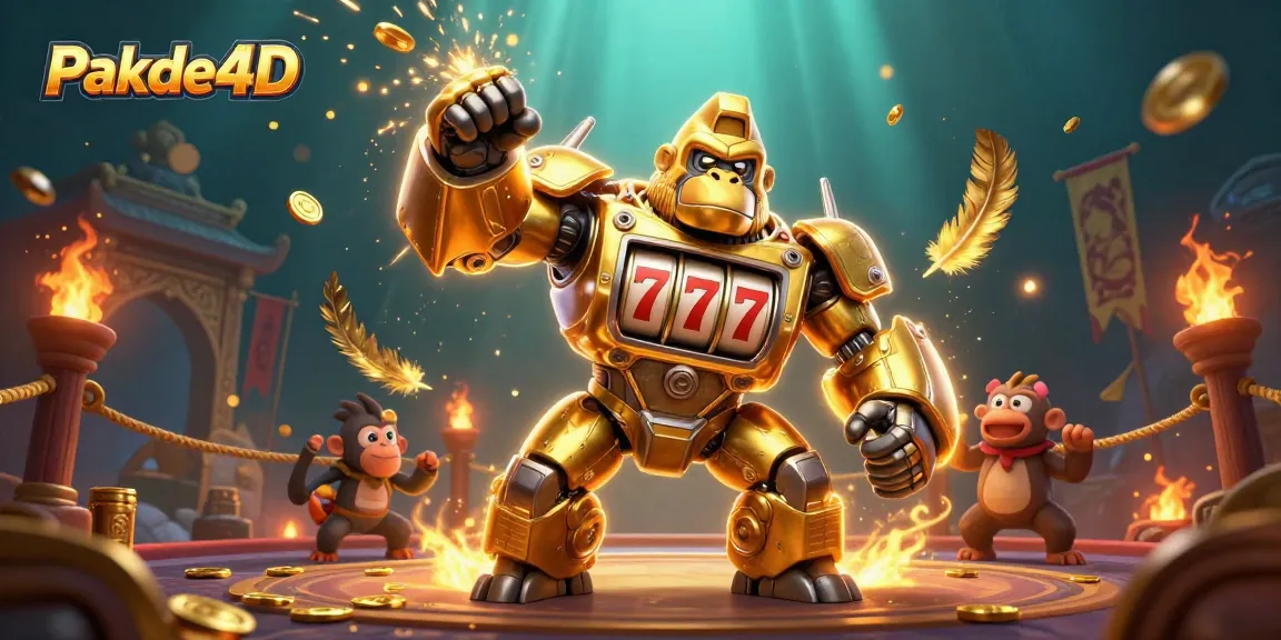 Experience thrilling gameplay with Pakde4D's unique golden gorilla mech smashing slot machine reels.