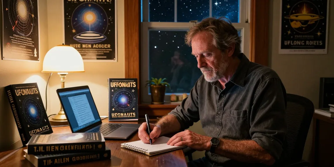 T Allen Greenfield engaging in writing about spiritual UFO phenomena in his study, highlighting insights related to https://tallengreenfield.com.