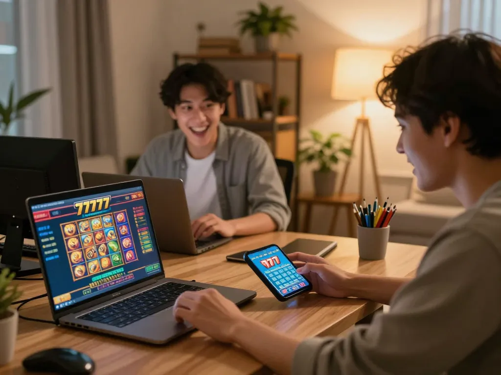 Engaged players enjoying slot777 gameplay on laptops, showcasing excitement in a cozy home environment.