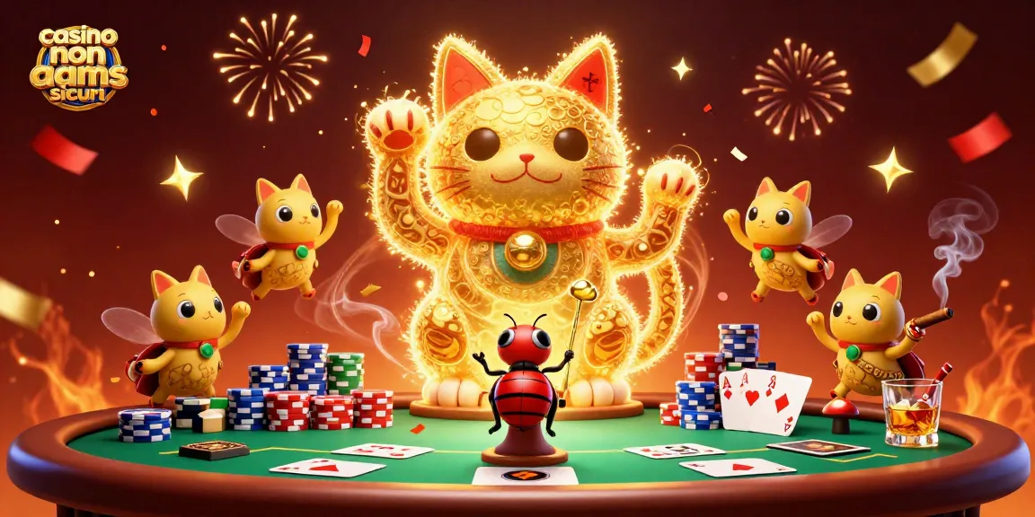 Divertente scena di casino non aams sicuri con un gatto fortunato e simboli di gioco, una festa visiva animata.