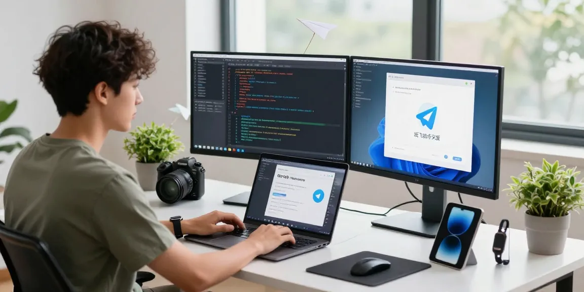 Developer interacting with 纸飞机中文版 on dual screens in a modern workspace.