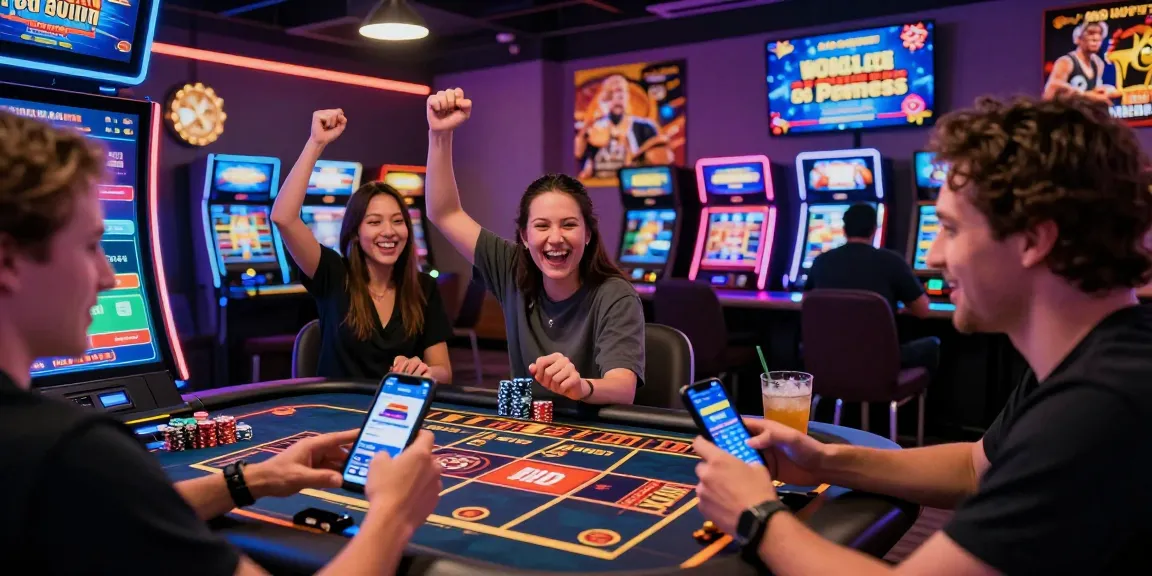 Players enjoying their time at online casinos that accept credit cards, celebrating wins in a vibrant gaming lounge.